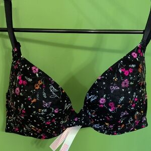 PINK Victoria's Secret Black Bra with Pink Floral Accents